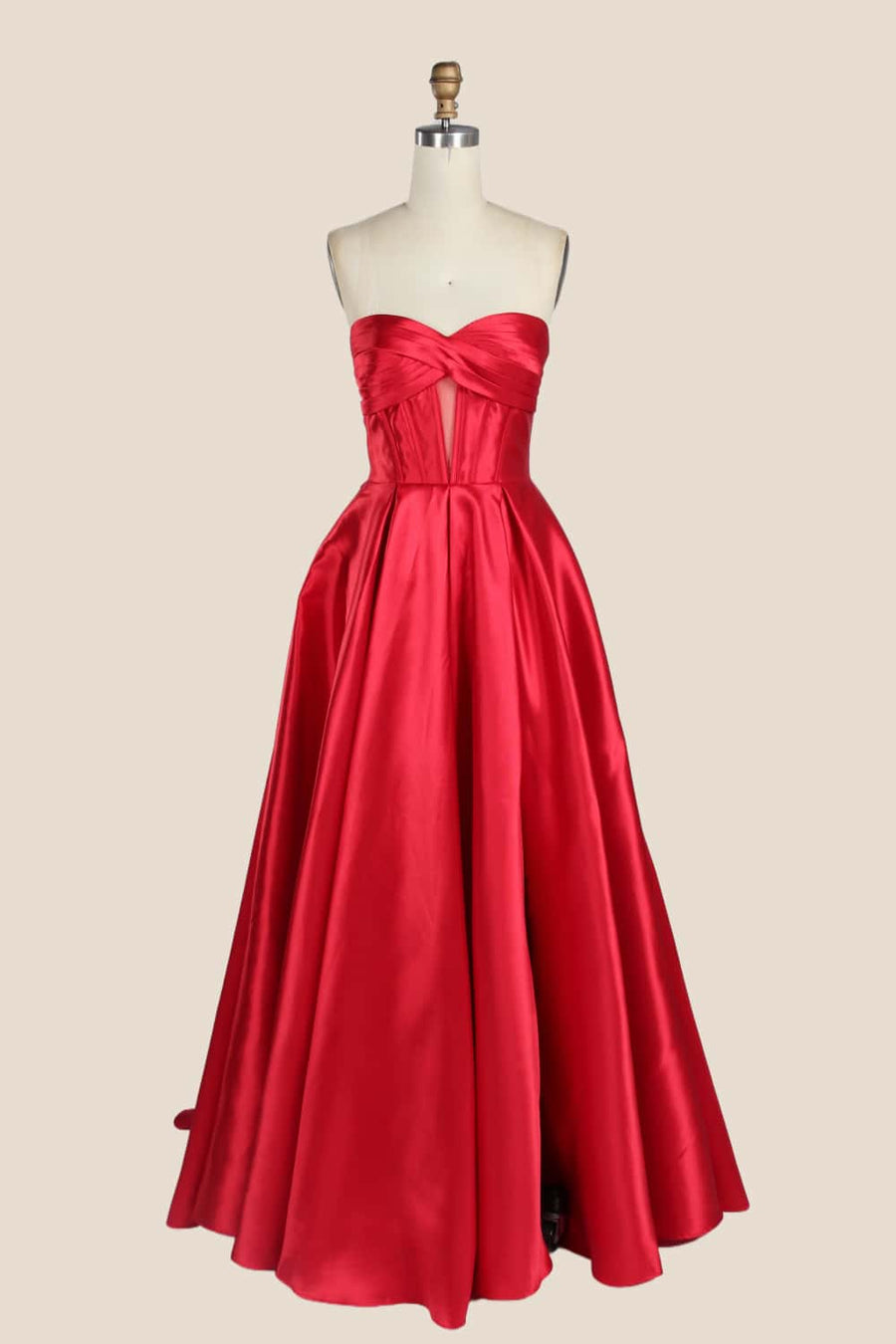 Ruched Red Satin A-line Formal Gown