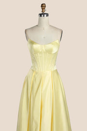 Strapless Yellow Satin A-line Formal Gown