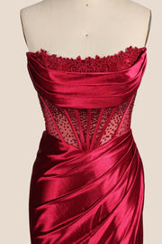 Red Satin Ruched Fitted Slit Formal Dress