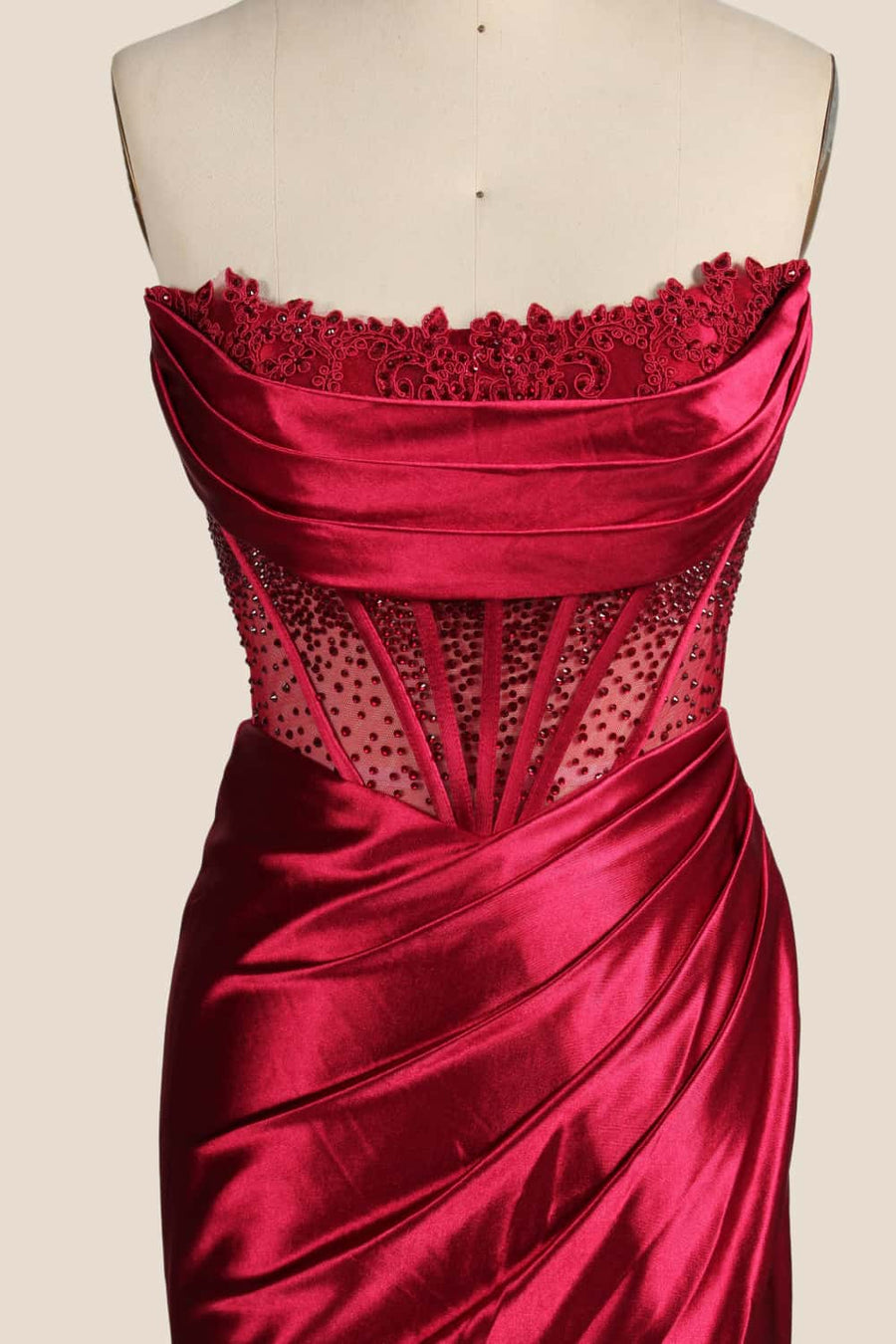 Red Satin Ruched Fitted Slit Formal Dress