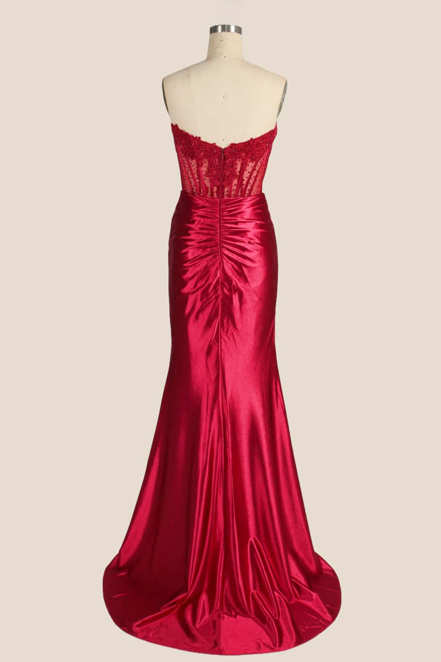 Red Satin Ruched Fitted Slit Formal Dress