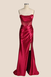 Red Satin Ruched Fitted Slit Formal Dress