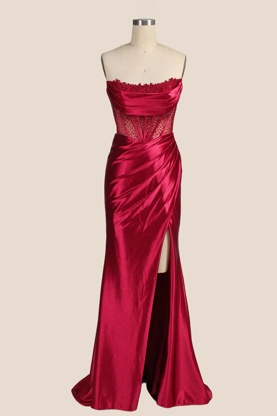 Red Satin Ruched Fitted Slit Formal Dress