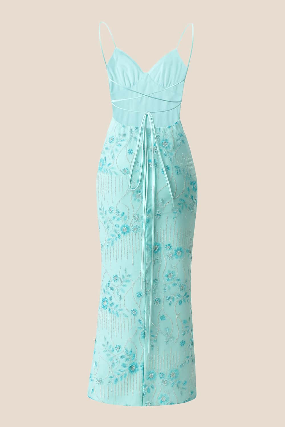 Blue Beaded Straps Fitted Long Dress