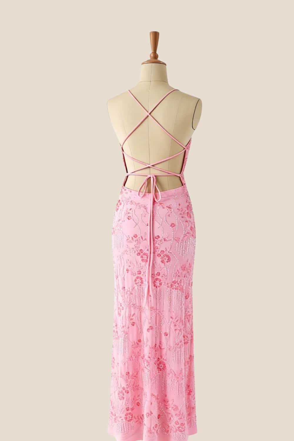 Pink Beaded Straps Fitted Long Dress