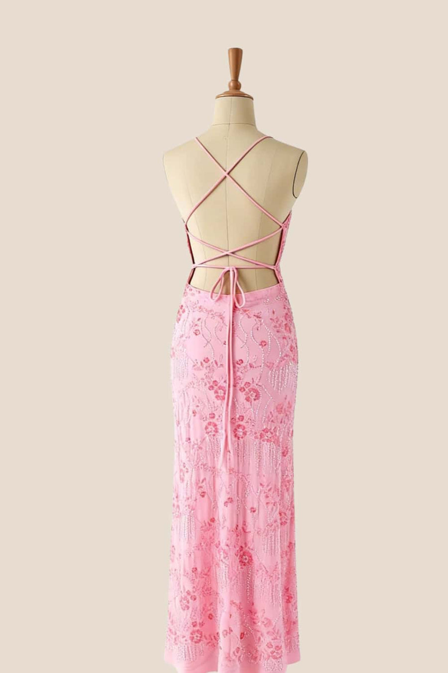 Pink Beaded Straps Fitted Long Dress