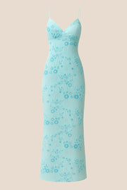 Blue Beaded Straps Fitted Long Dress