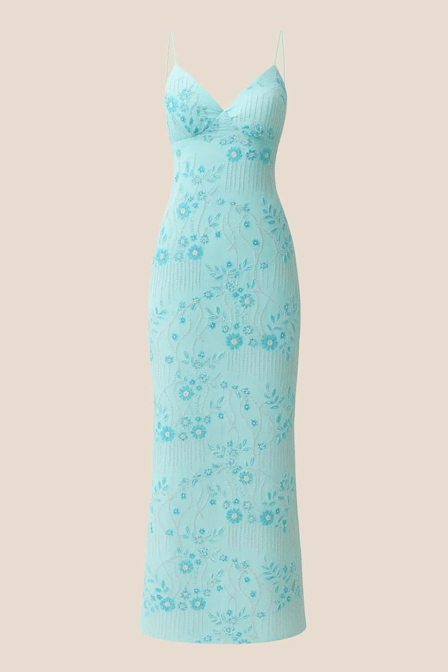 Blue Beaded Straps Fitted Long Dress