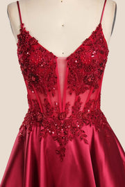 Red Straps Appliques Satin A-line Gown
