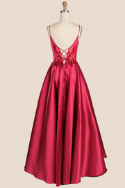 Red Straps Appliques Satin A-line Gown