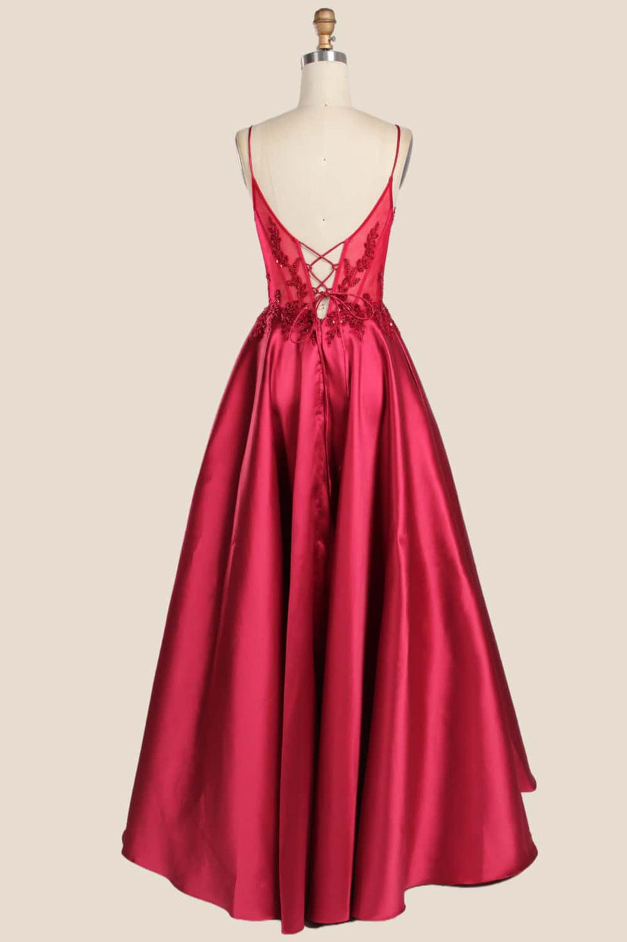 Red Straps Appliques Satin A-line Gown