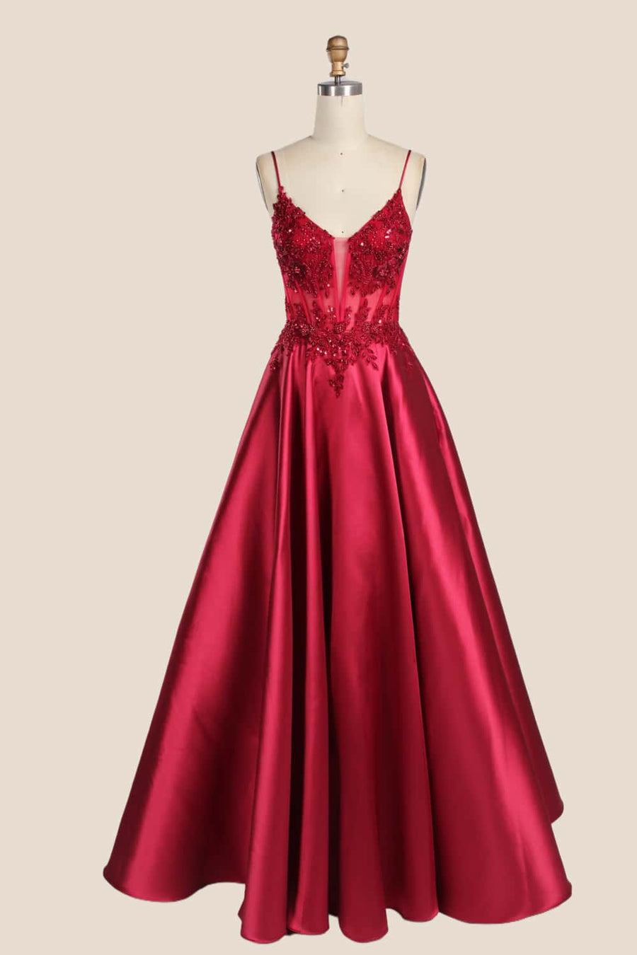 Red Straps Appliques Satin A-line Gown