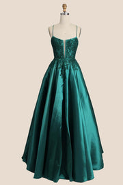 Green Appliques Satin Straps A-line Dress
