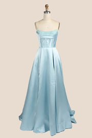 Light Blue Cowl Neck Pearls Satin Gown