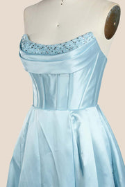 Light Blue Beaded Cowl Neck Formal Gown