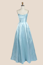 Light Blue Beaded Cowl Neck Formal Gown