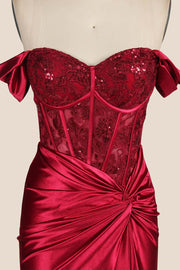 Off the Shoulder Red Appliques Ruched Dress