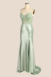 Straps Sage Appliques Ruched Fitted Dress