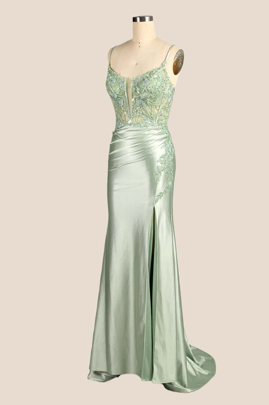 Straps Sage Appliques Ruched Fitted Dress