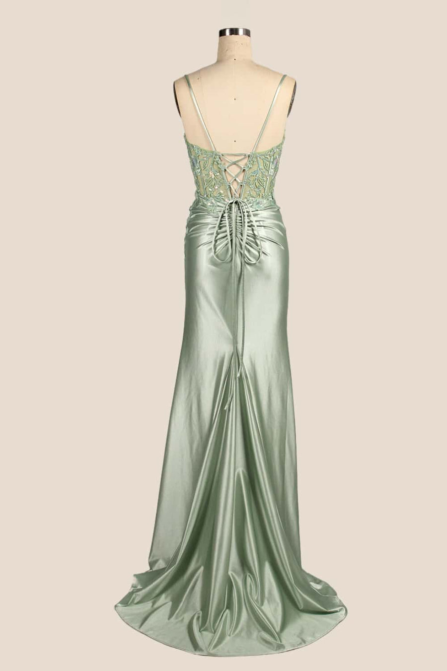 Straps Sage Appliques Ruched Fitted Dress