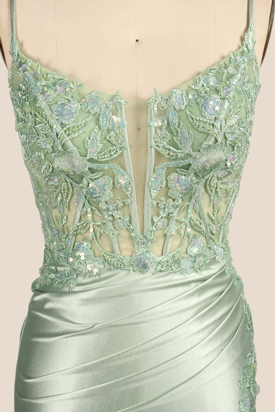 Straps Sage Appliques Ruched Fitted Dress