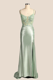 Straps Sage Appliques Ruched Fitted Dress