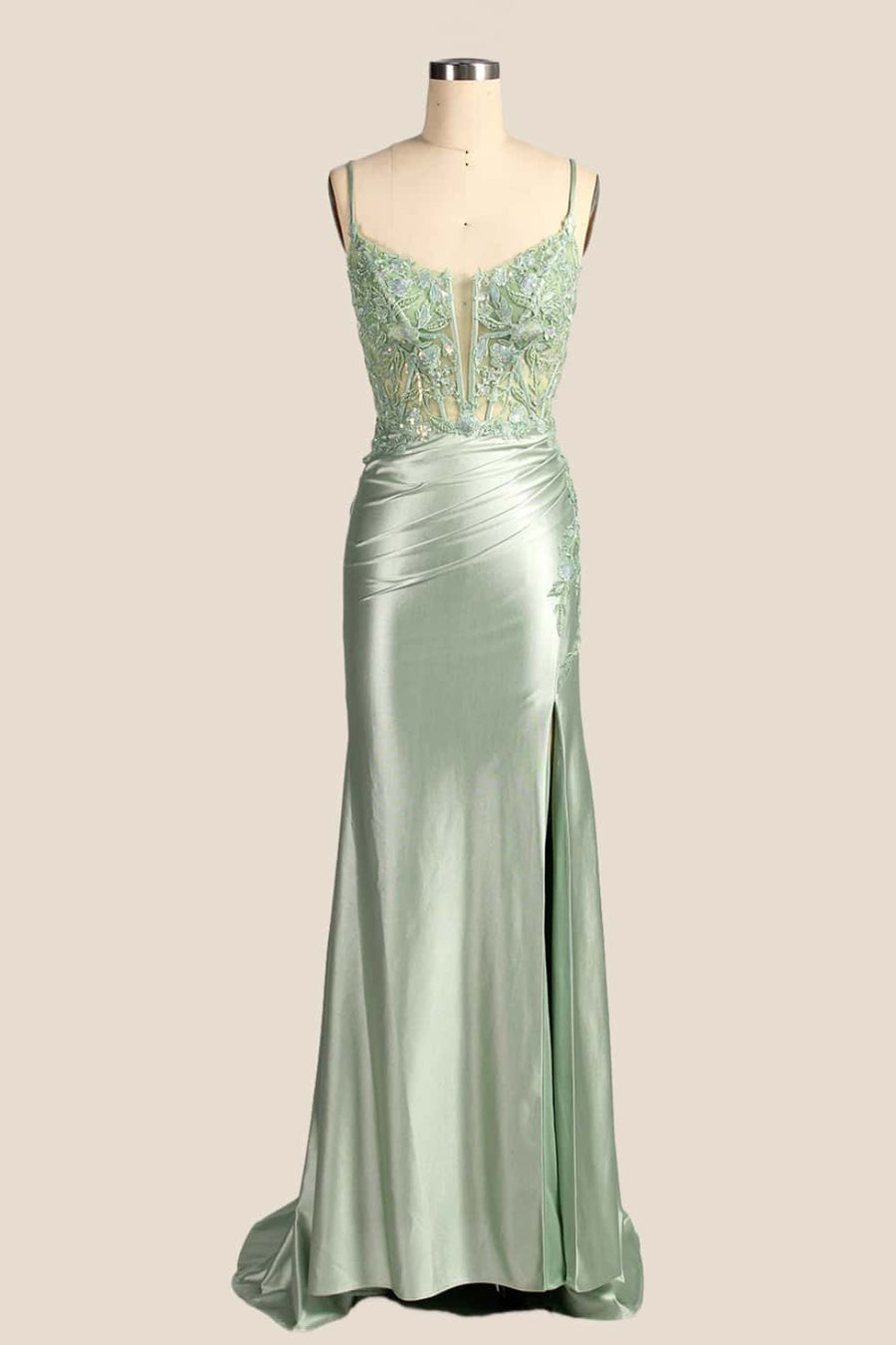 Straps Sage Appliques Ruched Fitted Dress