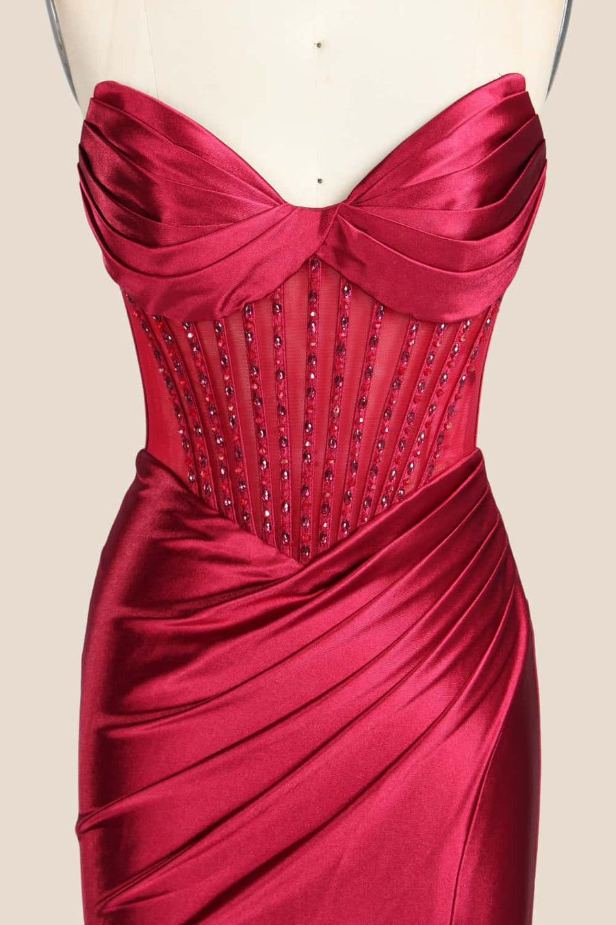 Red Beaded Ruched Satin Fitted Formal Dress