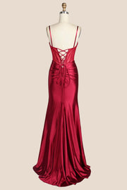Red Beaded Ruched Satin Fitted Formal Dress