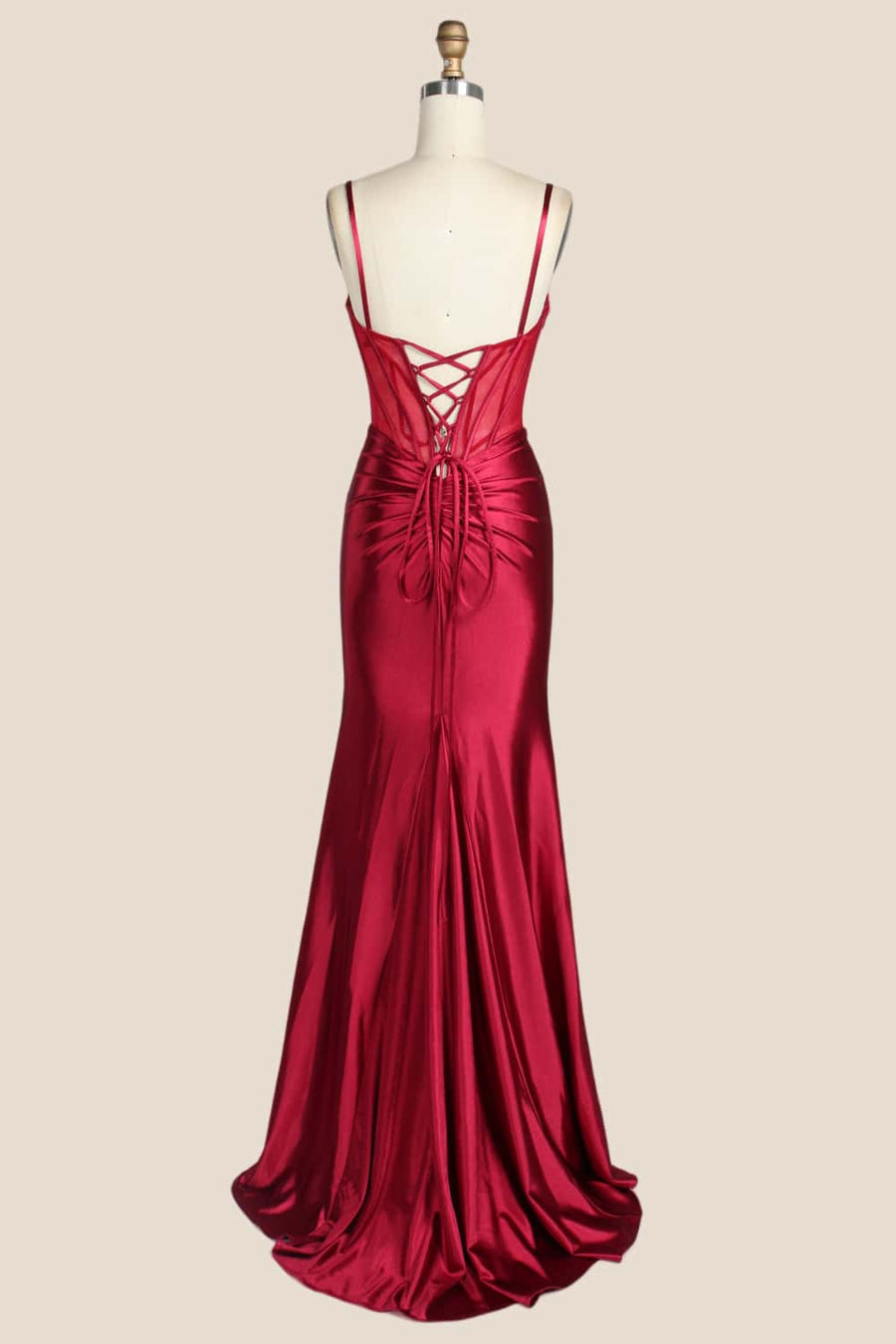 Red Beaded Ruched Satin Fitted Formal Dress