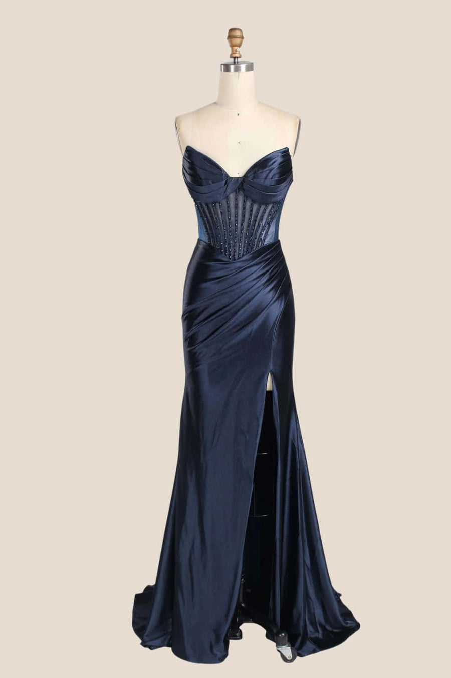 Red Beaded Ruched Satin Fitted Formal Dress