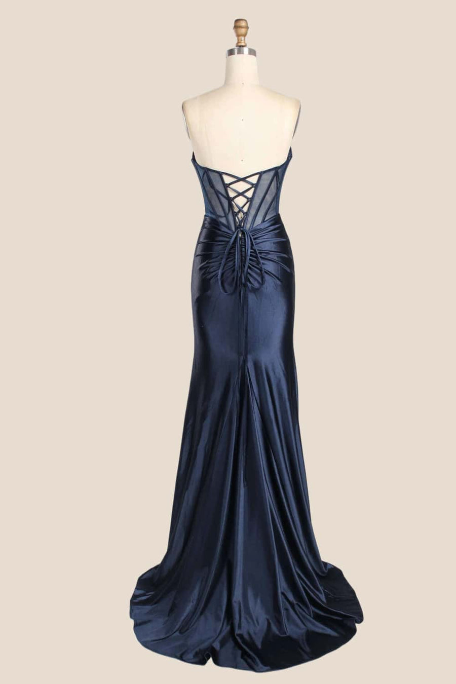 Red Beaded Ruched Satin Fitted Formal Dress