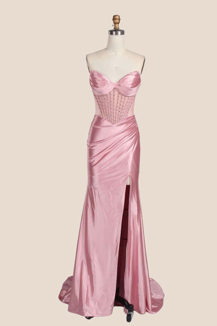 Red Beaded Ruched Satin Fitted Formal Dress