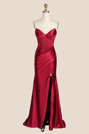 Red Beaded Ruched Satin Fitted Formal Dress