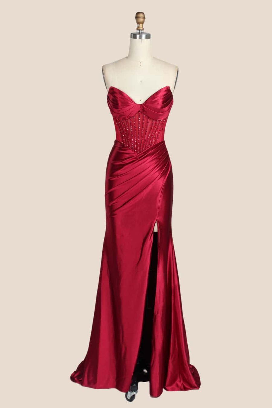 Red Beaded Ruched Satin Fitted Formal Dress