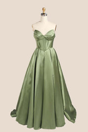 Sage Green Ruched Satin A-line Formal Dress