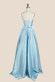 Light Blue Ruched Satin A-line Formal Dress