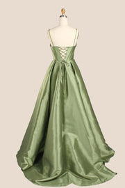 Sage Green Ruched Satin A-line Formal Dress
