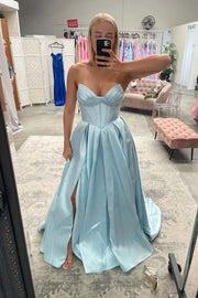 Light Blue Ruched Satin A-line Formal Dress