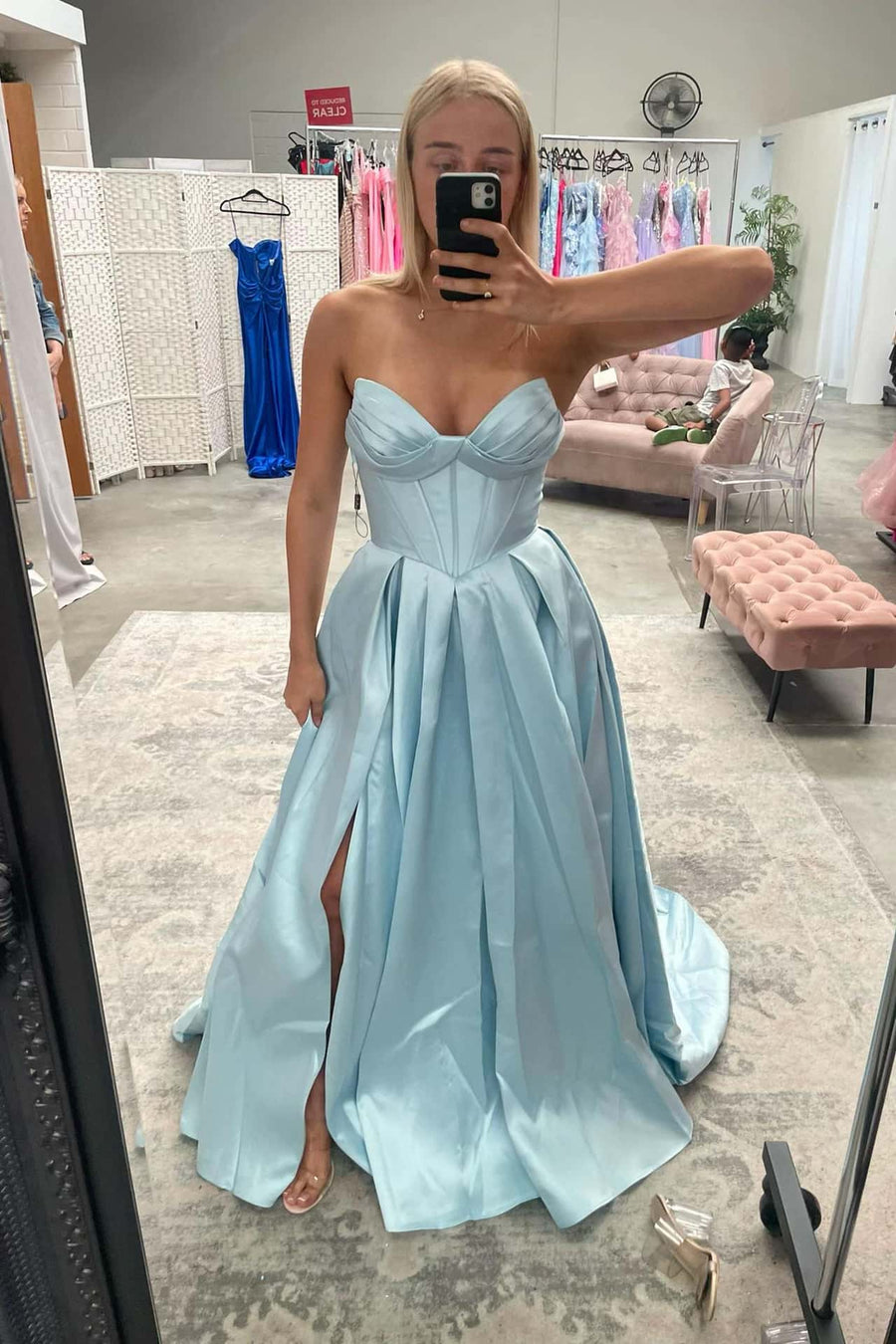 Light Blue Ruched Satin A-line Formal Dress