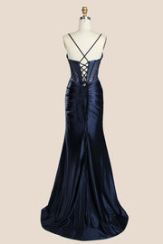 Navy Blue Ruched Satin Fitted Party Dress