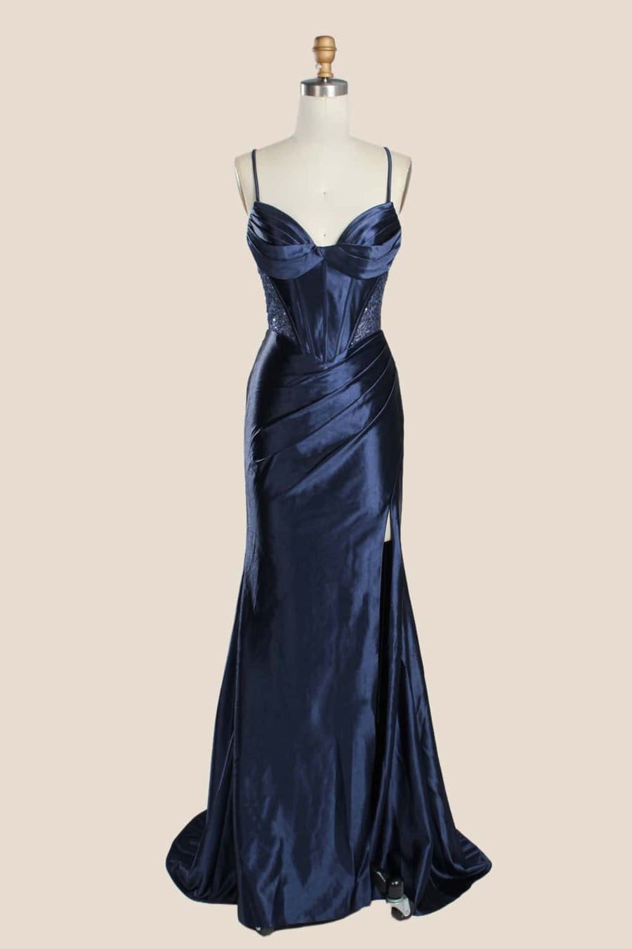 Navy Blue Ruched Satin Fitted Party Dress
