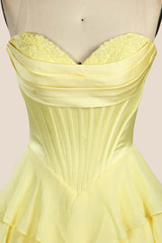 Yellow Corset Chiffon Tiered Formal Gown