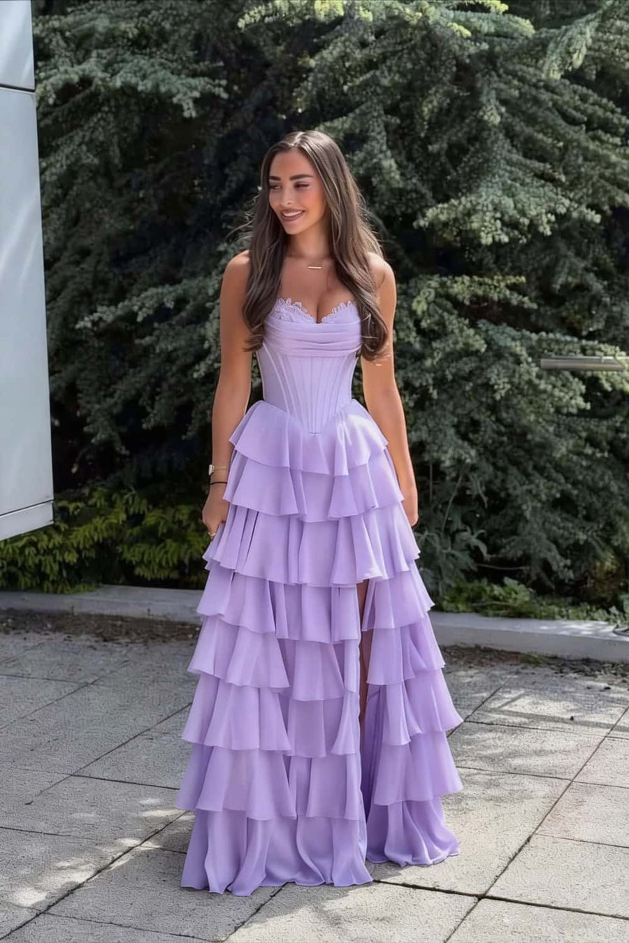 Yellow Corset Chiffon Tiered Formal Gown