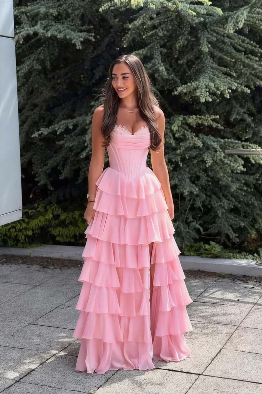 Yellow Corset Chiffon Tiered Formal Gown