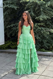 Yellow Corset Chiffon Tiered Formal Gown