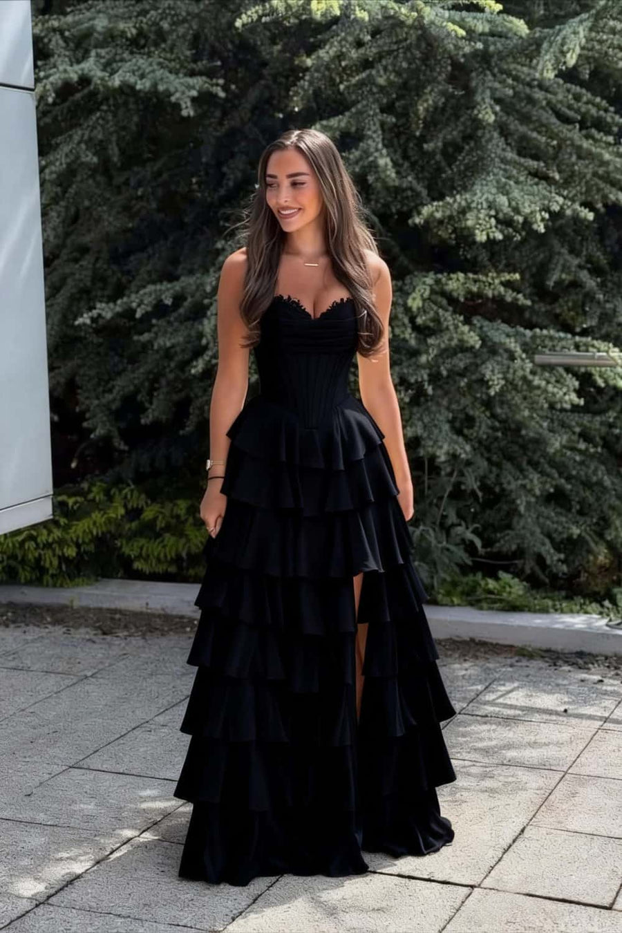 Yellow Corset Chiffon Tiered Formal Gown