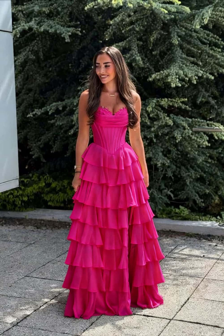 Yellow Corset Chiffon Tiered Formal Gown