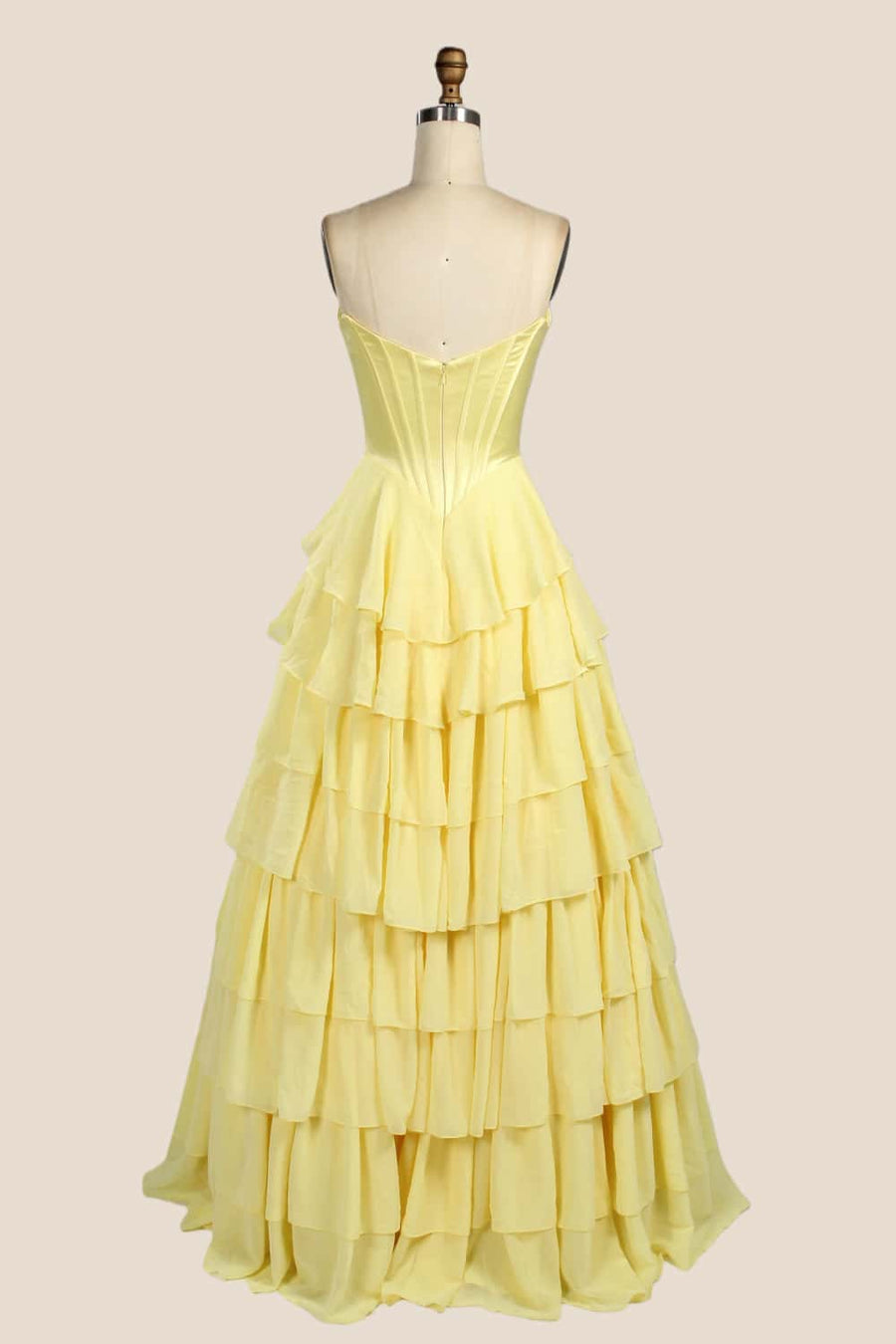 OM5913 Yellow Corset Chiffon Tiered Formal Gown