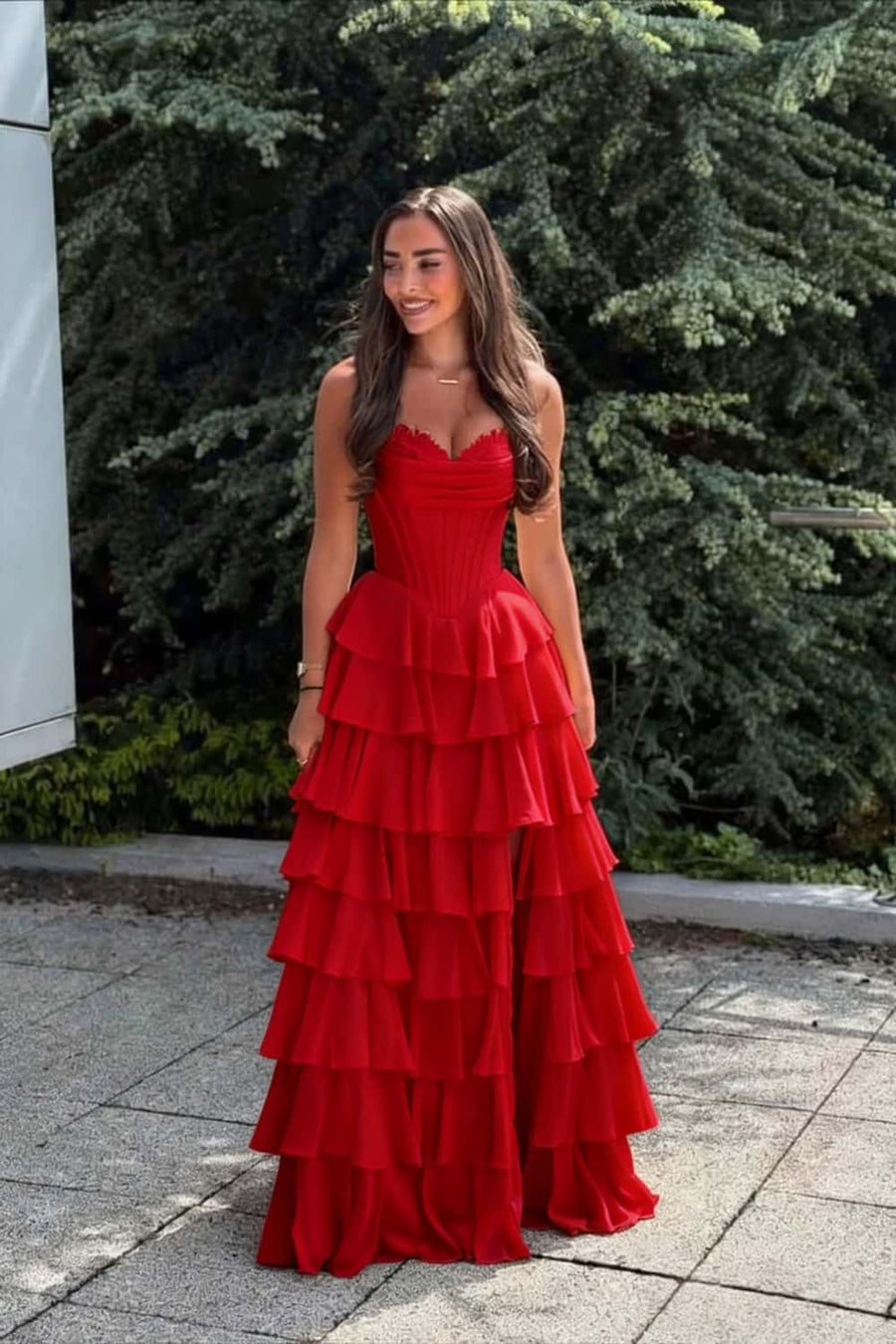 Yellow Corset Chiffon Tiered Formal Gown